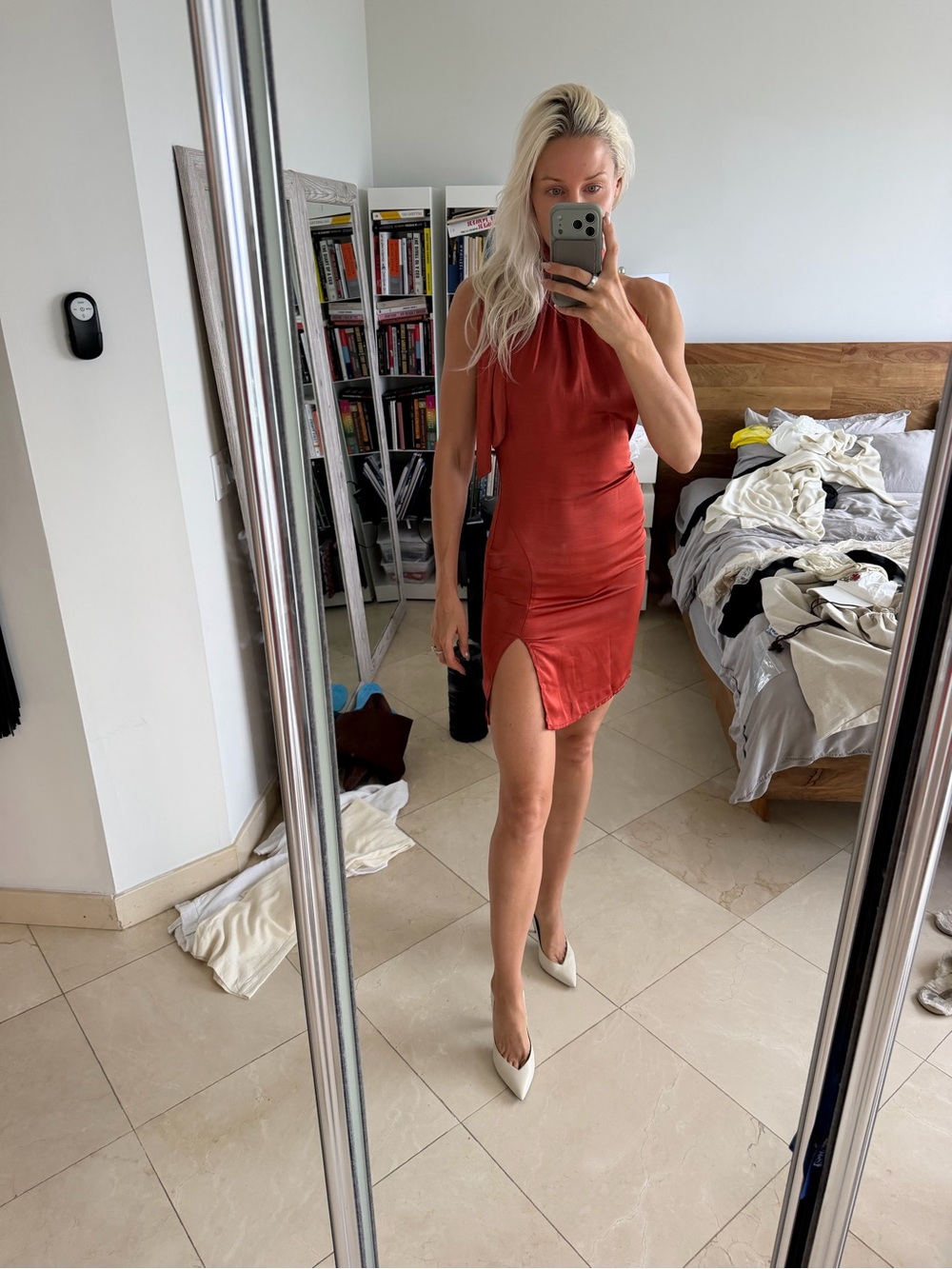Satin Rust Red halter Split Hem Dress - Women's